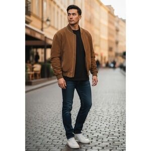 OUTDOOR EXCHANGE BROWN SUEDE LEATHER JACKET SIZE LARGE KNIT COLLAR WRIST & WAIST